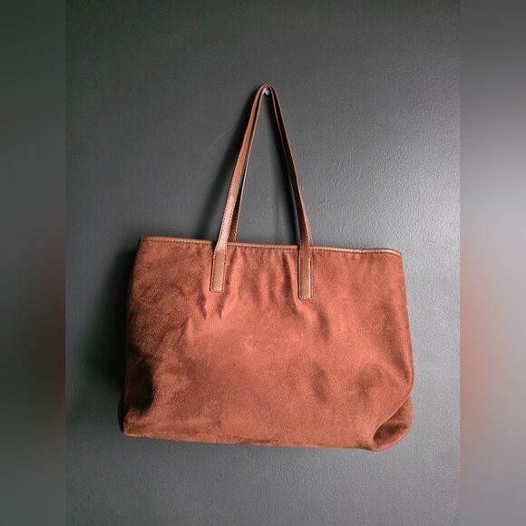 Chocolate Brown Faux Suede Faux Leather Bow Tote 16x11x6'D Books Beach Gym - Picture 2 of 8